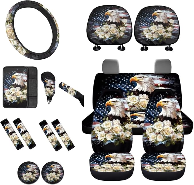 Lotusorchid Eagle Rose Print Car Seat Covers Full Set American Flag Print Front and Rear Seat Cover with Safety Belt Pads Armrest Pad Gear Shift Lever Protector Cup Coaster for Truck Sedan SUV