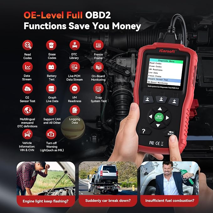 iCarsoft POR V1.0 All System Diagnostic Scan Tool for Porsche 1996-2025 Oil/SAS Reset Check Engine Light I/M Readiness Code Reader CAN FD Lifetime Free Update AutoVIN Battery Test OBD2 Scanner