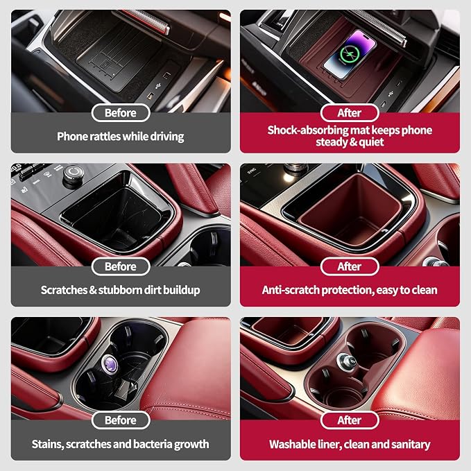 4PCS Center Console Storage Mat, Wireless Charging Silicone Mat, Full‑Wrap Cup Holder Inserts & Dashboard Center Clock Surrounding Compass Cover for 2024 2025 2026 Porsche Cayenne Accessories