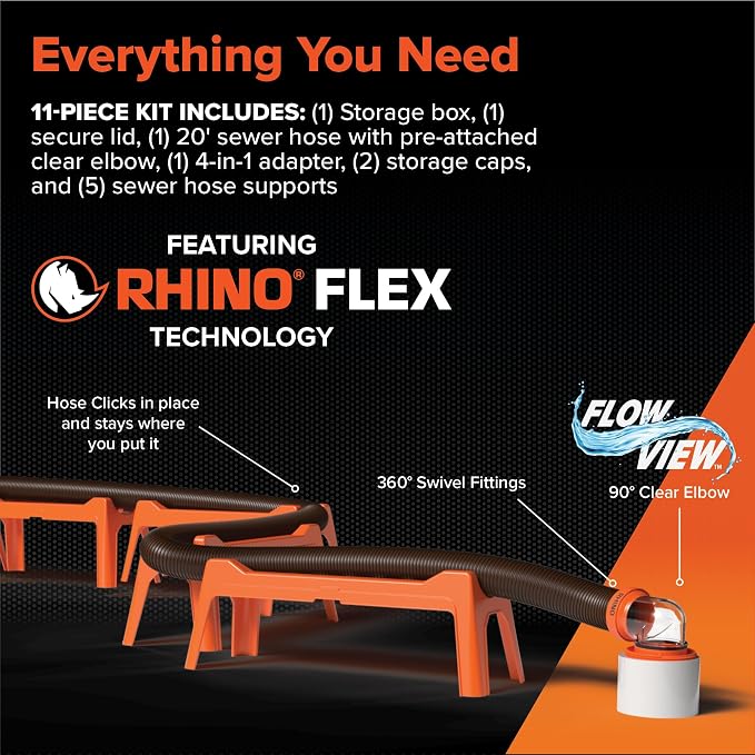 Camco Rhino Ultimate 20' RV Sewer Hose Kit — All-in-One Sewer Hose Solution — 11-Piece Combo Kit Includes Storage Box for Nesting Support & Camper Organization (43075)