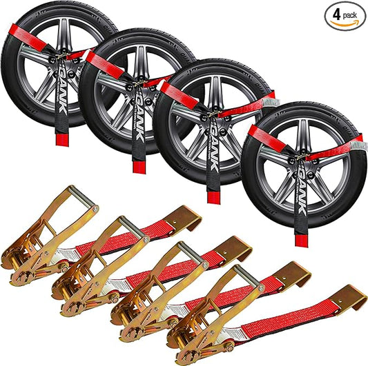 Car Tie Down Straps for Trailers (4PK) – 2'' X 96'' Tire Webbing with Flat Hooks for Easy Tire Securing on Cars, SUVs, Jeeps, or Sports Cars