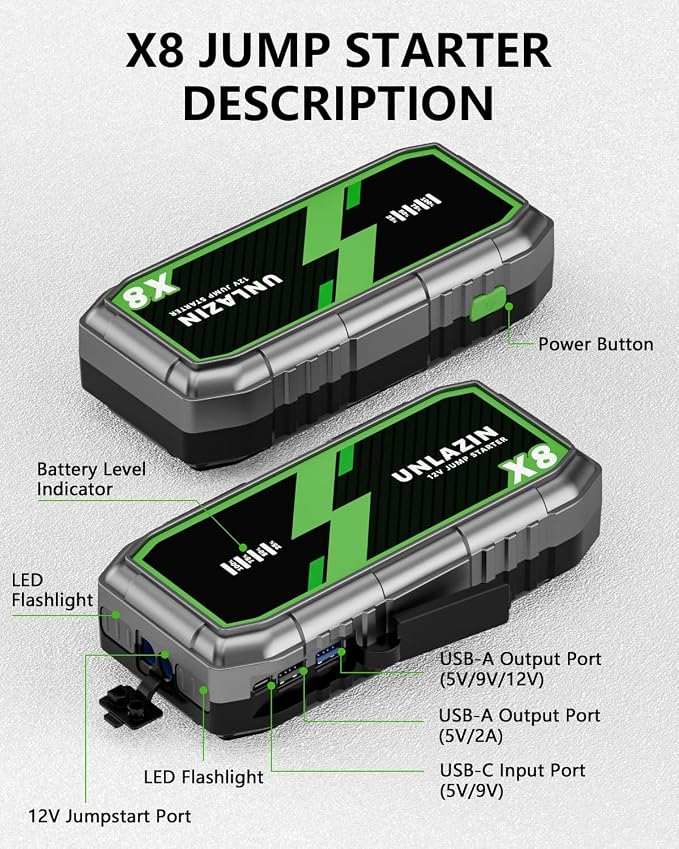 X8 10000A Portable Jump Starter with Force Start, All Gas & Diesel Engines | 12V Car Starter Jump Box & Battery Starter Booster, QC 3.0 Quick Charge, LED Light, Passenger Car, RV, ATV, Motorcycle