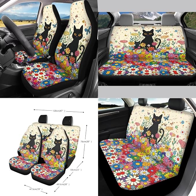 Cat Flower Print Car Seat Covers Full Set with Steering Wheel Cover for Women Decorative Safety Belt Pads Inside Rearview Mirror Cover Garbage Bag Car Air Vent Organizer, Beige