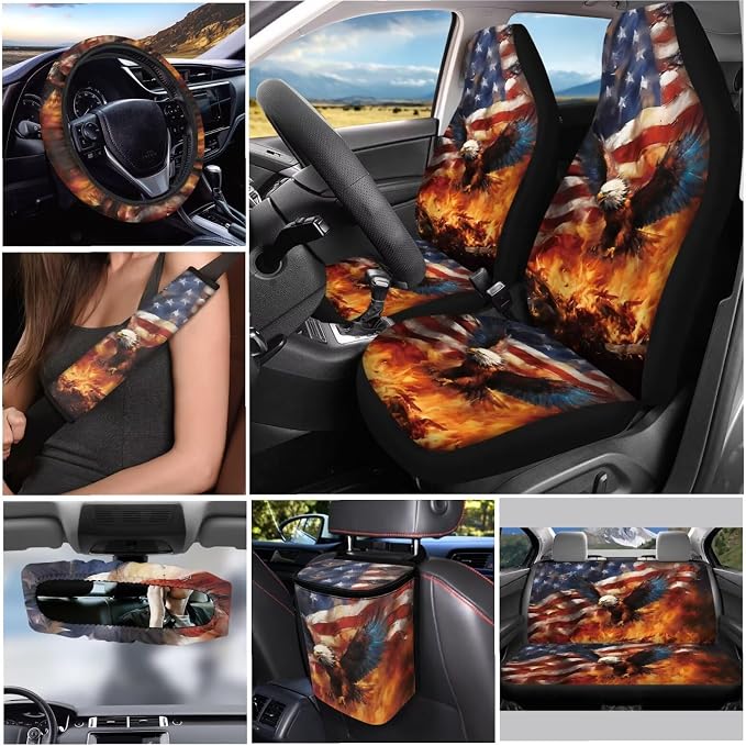 Flag Eagle 12 Pack Car Seat Covers Car Steering Wheel Cover Auto Seat Belt Cover Car Trash Can Rear View Mirror Cover Universal Car Interior Accessories Decoration Fashion Auto Interior