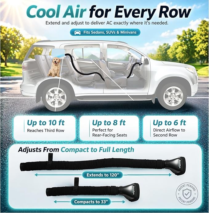 Swanoo Car AC Vent Extender | Air Vent Hose for Backseat | Directs Cool or Hot Air to Kids & Pets | Universal Fit | Extends Up to 10 FT | AC Tube for Baby Car | Back Seat Air Conditioning | BreezyBack