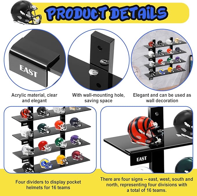 Colingmill Mini Football Helmet Display Racks Wall Mount Pocket Helmet Storage Acrylic Black Baseball Stand Display Rack Ideal Gift for Sports Enthusiast, 11.81 x 9.84 x 3.15 Inches