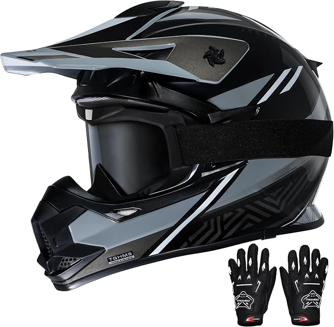 TRIANGLE Adult Dirt Bike Helmet Full Face Motorcycle Helmets with Adjustable Goggles & Gloves - DOT/FMVSS-218 Certified Motocross Helmet for Off-Road ATV BMX UTV