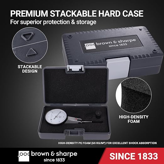 Brown & Sharpe Dial Test Indicator – 0.03" Range, 0.0005" Graduation, 6 Ruby Jewels, Satin Chrome Brass, 0-15-0 Dial, Professional DTI with Dovetail Clamp & Storage Case for Precision Measurement