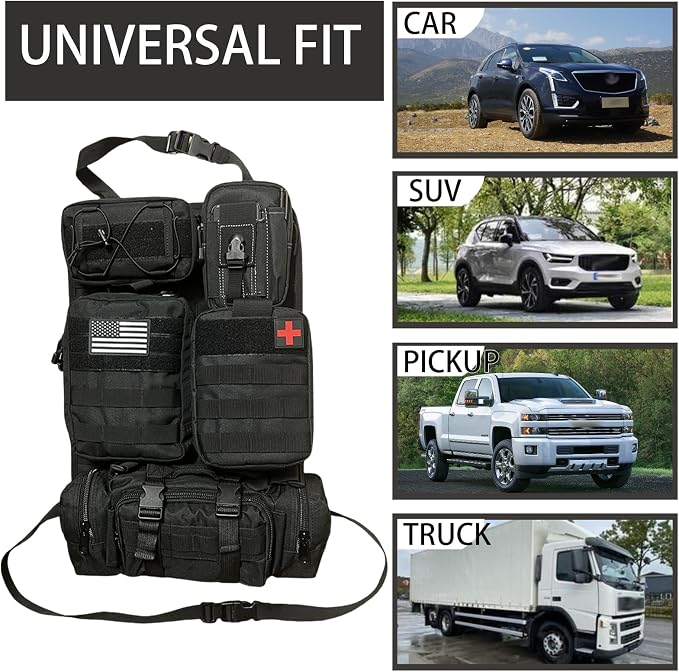 6 Pack Tactical Molle Car Seat Back Organizer Tactical Vehicle Panel with 5 Detachable Molle Pouch for Car Truck Ford Jeep Vehicle,US Patch Automotive Organizer For Man (5 Pouches)