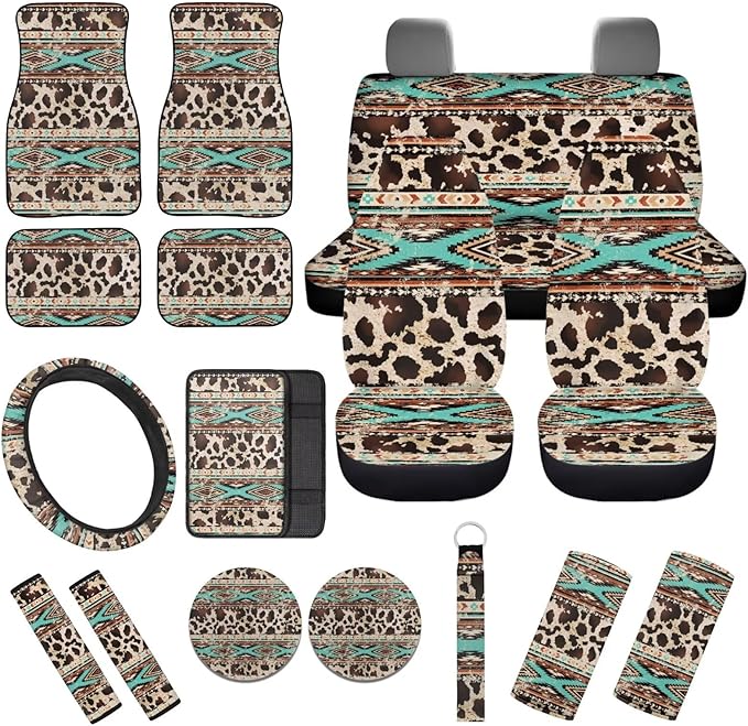 17 Pcs Aztec Cow Print Car Seat Covers Full Set with Floor Mats Steering Wheel Cover Shoulder Pads Armrest Pad Keychain Roof Gloves Cup Coaster Universal