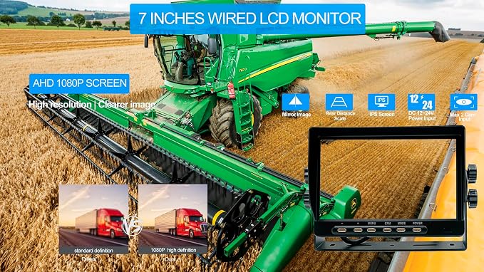 AHD 1080P 7" Wired Monitor Rear View Backup Night Vision Camera System, Waterproof IP 69K Camera for Agriculture Farm Tractor, Box Truck, Forklift, Heavy Equipment, Excavator, Skid Steer