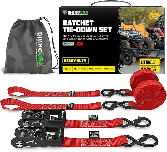 Rhino USA Ratchet Straps Heavy Duty Kit (2-Pack) - 1.6 Inch x 8 Feet Min Break Strength (5,000) - Ultimate Tie Down Straps with Safety S Hooks for Trucks, ATV, UTV, Motorcycle, Cargo & More - Red