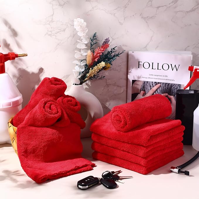 Shimeyao 30 Pcs Edgeless Microfiber Plush Towels for Cars Detailing Drying Wash Polishing Absorbent Cleaning Cloths, 500 GSM (16 x 16 Inch,Red)
