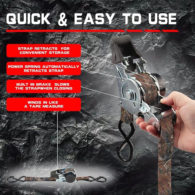 2-Pack Retractable Ratchet Tie Down Straps, 1" x 10ft with Soft Loops & S-Hooks, 1500lbs Break Strength Self-Retracting Cargo Straps for Truck, Trailer, Motorcycle, ATV, Kayak (Camouflage)