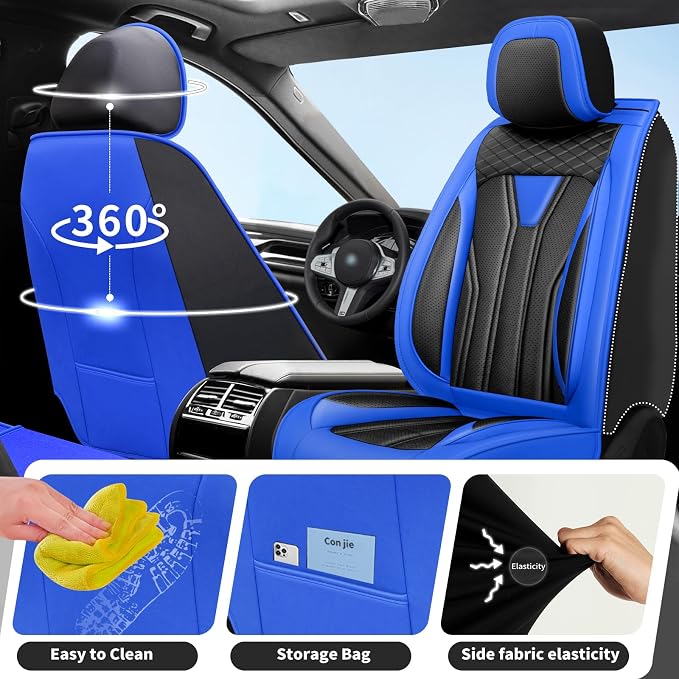 Fit Wrangler Car Seat Covers Premium Leather for Jeep Wrangler 2011-2025 2026. Waterproof， Anti-Slip, Scratch-Resistant & All-Weather Seat Cushion Protector (2 Front Seat,Blue&Black)