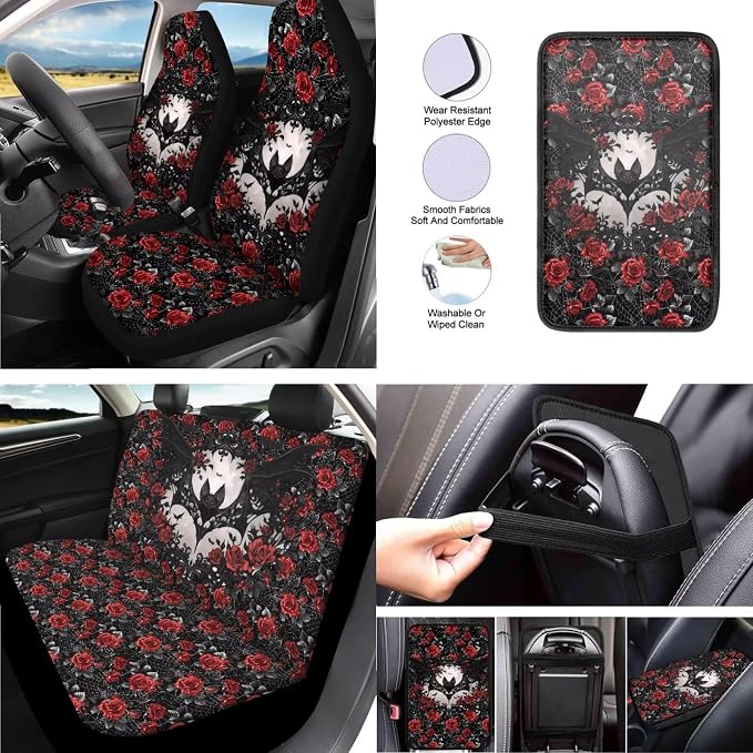 Bat Rose Floral Print 13 Pack Car Accessories for Womens Halloween Bats Pattern Seatbelt Pad Armrest Cushion Keychain Cup Holder Coaster Pads Decor Accessory