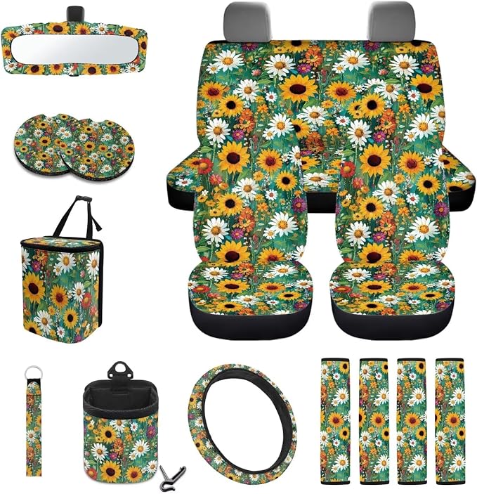 Oil Painting Sunflower Daisy Pattern Car Seat Covers Full Set Steering Wheel Cover Trash Can Air Vent Storage Bag Seatbelt Covers Rearview Mirror Cover Cup Coasters 15pcs Car Interior