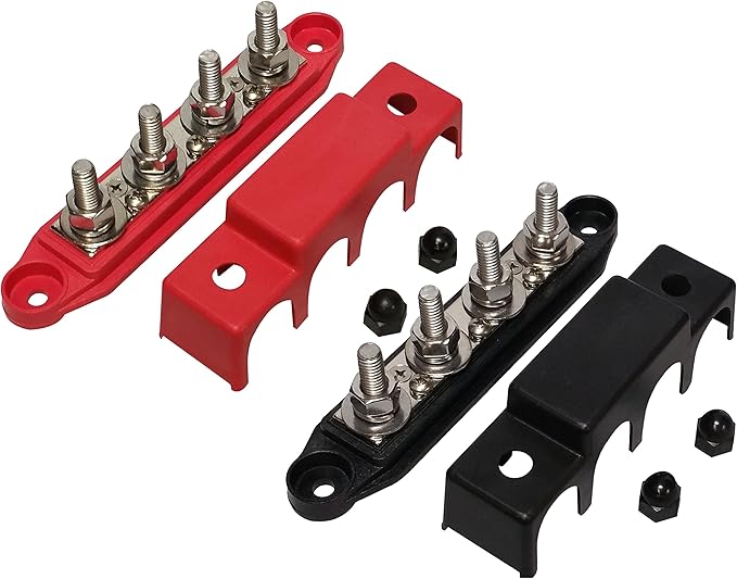 (Red & Black) 5/16" 4 Stud Bus BAR Power Distribution Block - Made in The USA - for Marine Battery Terminals, 12v Power and Ground Distribution Blocks - Terminal Block for Battery Terminals - BusBar