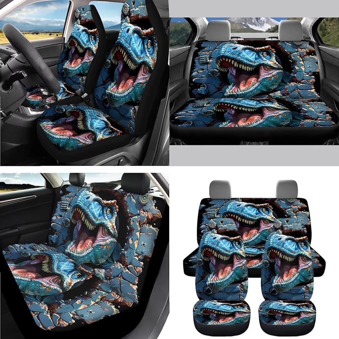AFPANQZ Funny Dinosaur 11 Pieces Auto Accessories Set with Seat Covers Full Set with Hand Brake Cover Gear Shift Knob Cover Seat Belt Pads Car Coaster Steering Wheel Cover