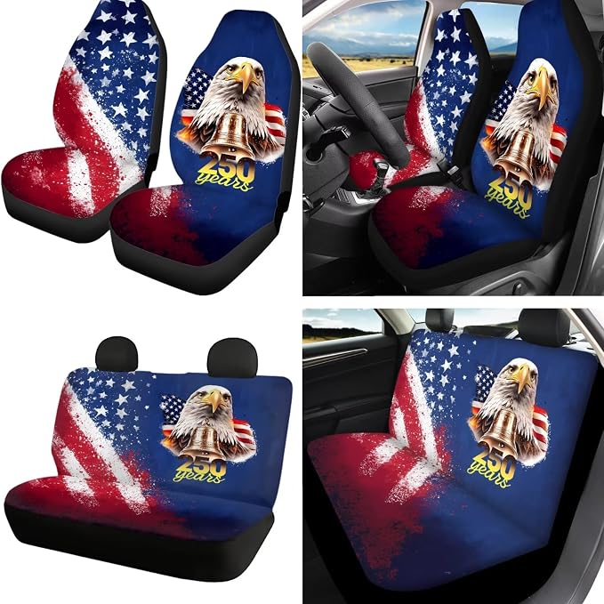 Eagle Print Car Seat Covers Set of 18 American Flag Print Car Front Rear Seat Covers with Steering Wheel Cover Safety Belt Pad Armrest Cushion 250 Years Interior Decor for Cars