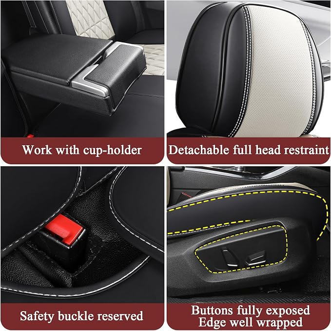 Aierxuan 5 Pcs Full Coverage Leather Car Seat Covers, Universal Fit Ford Kia Hyundai Nissan Honda Subaru Forester Legacy Outback Impreza Tribeca WRX Cruze Equinox Malibu, Black-Beige
