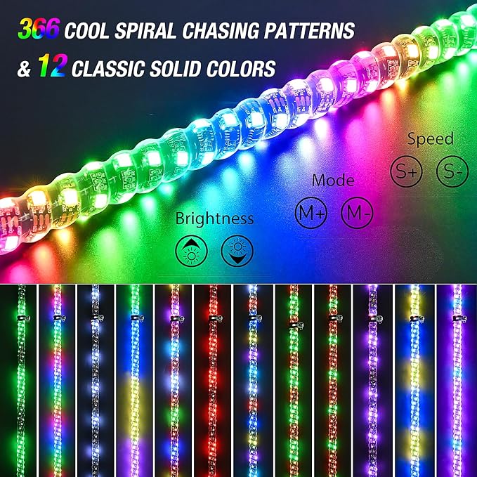 Nilight 1PC 2FT Spiral RGB Led Whip Light w/RGB Chasing/Dancing Lights RF Remote Control Lighted Antenna Whips for Can-am ATV UTV RZR Polaris Dune Buggy 4-Wheeler Offroad Truck