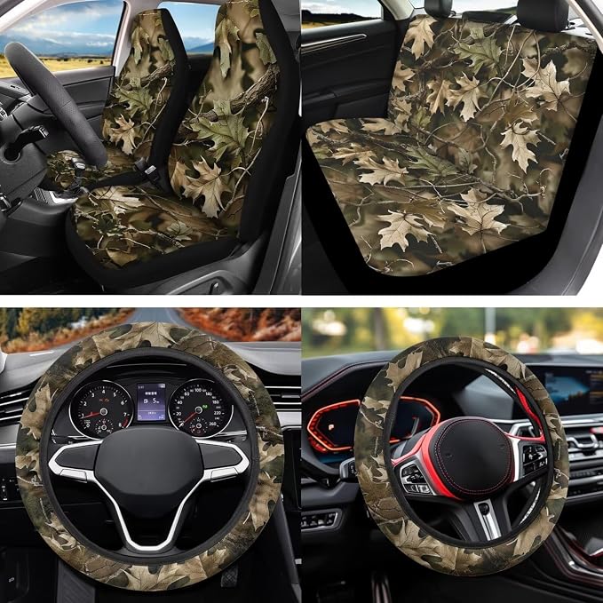 Camo Hunting Forest 12 Pcs Car Seat Covers Full Set with Steering Wheel Cover,Seat Belt Covers Cup Holder Center Console with Keychain Universal Fit for Cars SUV