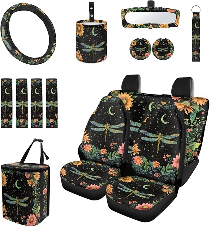 15 Pcs Moon Floral Dragonfly Car Seat Cover Full Set for Women with Car Steering Wheel Cover Seat Belt Cover Trash Bin Front Rear View Mirror Car Cup Holder Keychain