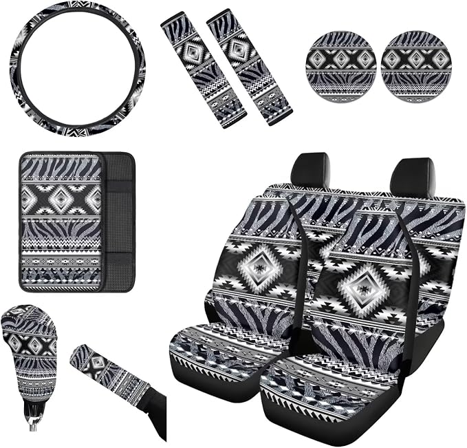 Wanyint Car Seat Cover Full Set 12 PCS, with Steering Wheel Seat Belt Strap Armrest Pad Handbrake Cover Gear Shift Cover Coasters Universal Fit for Truck Vans Sedans, Aztec Navajo Zebra Print