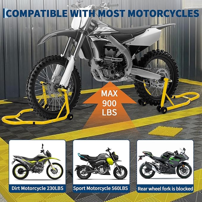 Garvee Motorcycle Stands Front and Rear, 900 LB Heavy Duty Front & Rear Wheel Lift Combo with Prong Adapters+L Adjustable Swingarm Spool, Universal Paddock Stands for Most Motorcycles, Yellow