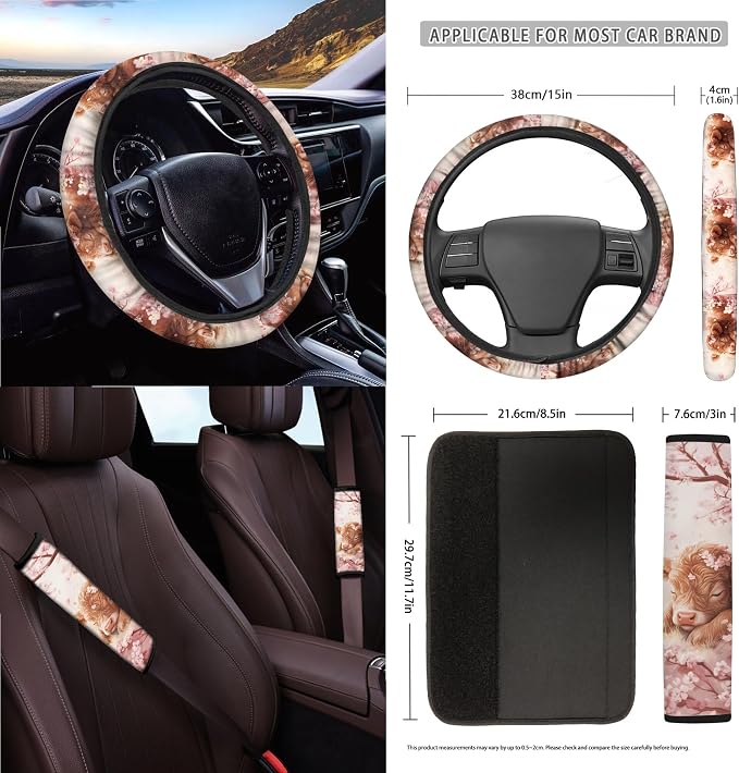 Highland Cattle Cherry Blossom Print 15 Pack Car Seat Covers Set with Steering Wheel Cover Seatbelt Strap Cover Rearview Mirror Covers Cup Coasters Air Vent Storage Bag Trash Bag Key Chain