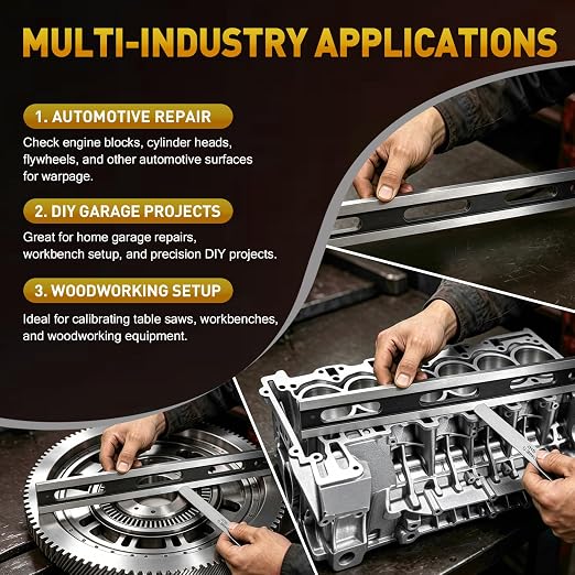 ±0.001" Machinist Straight Edge, Precision Straight Edge with Feeler Gauge, Precision-Ground, Heat-Treated High-Carbon Steel, Corrosion & Wear Resistant for Cylinder Head & Engine Block Inspection