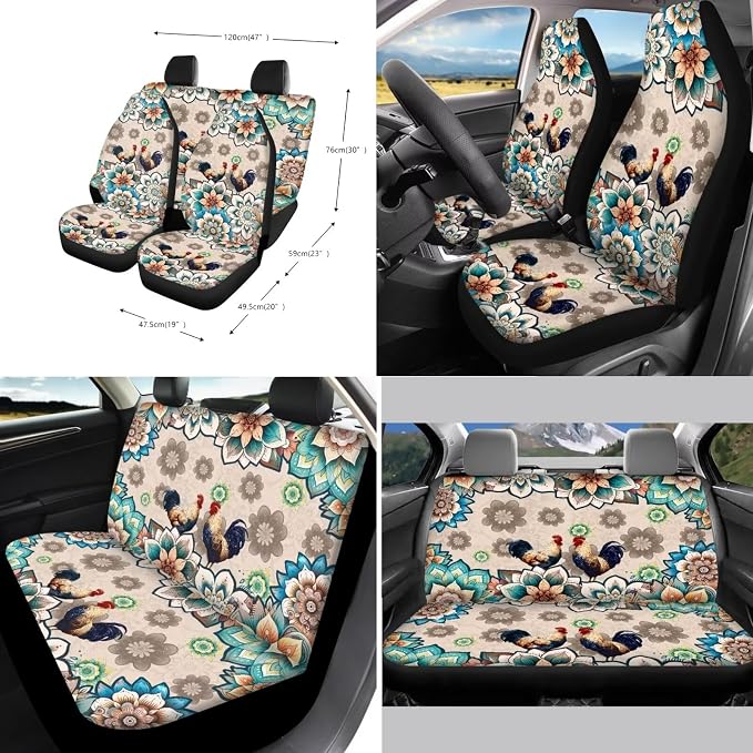 Suobstales Boho Mandala Highland Cattle Print Car Seat Covers Full Set for Women Men Seat Cover Protector Auto Decorative with Steering Wheel Cover + Seat Belt Covers + Coasters + Keychains