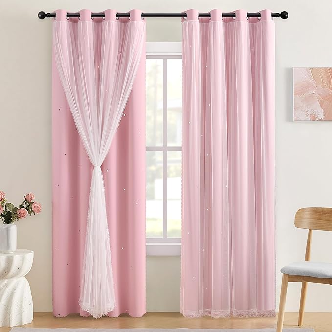 XiDi Light Pink Blackout Curtains for Girls Bedroom Living Room 63 Inches Long 2 Panels Noise Reducing Hollow Star Nursery Kids Curtains Thermal Insulated Room Darkening Grommet Window Drapes 34x63
