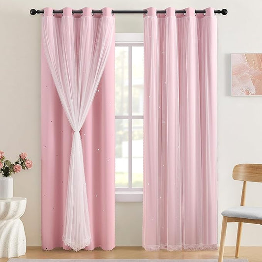 XiDi Star Blackout Curtains for Bedroom 72 Inch Length 2 Panels Pink Curtains with Sheer Overlay for Girls Kids Privacy Thermal Insulated Rod Pocket Window Curtains for Patio French Door W34 x L72