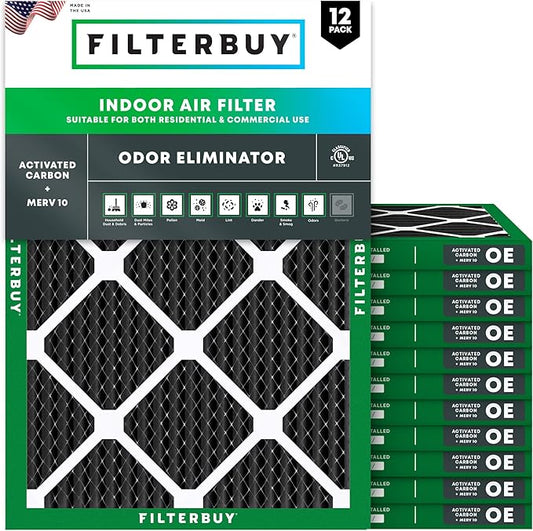 Filterbuy 20x23x1 Air Filter MERV 10 Odor & Allergy Defense with Activated Carbon (12-Pack), Electrostatic Pleated HVAC AC Furnace Filters Replacement (Actual Size: 19.50 x 22.50 x 0.75)