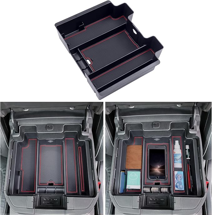 TOPINSTALL Red Center Console Organizer Compatible with 2019-2022 Silverado/Sierra 1500 and 2020-2023 Silverado/Sierra 2500HD 3500HD, Armrest Full-Size Tray (Full Console w/Bucket Seats ONLY)