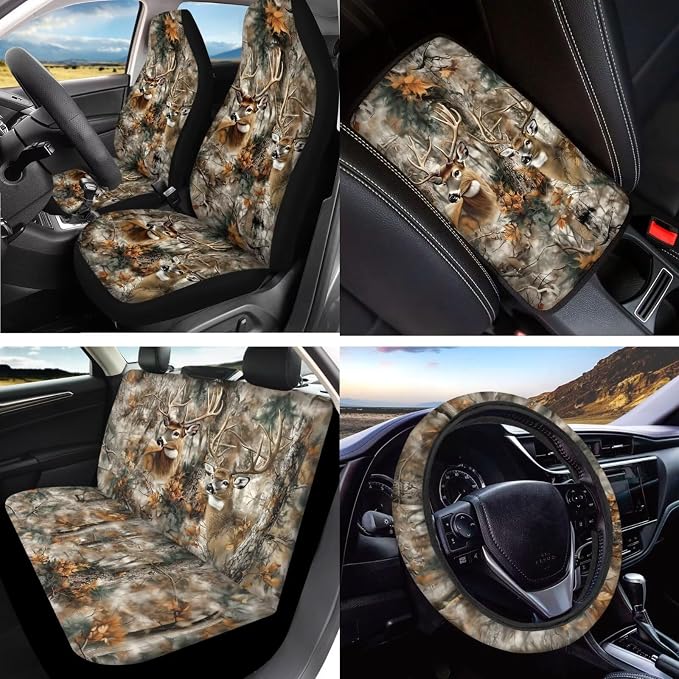Deer Hunting Printed Car Seat Cover with Armrest Pad Cover Chapstick Keychain Coasters Car Coaster Non Slip Car Seat Cover Full Set Auto Accessories Set, Brown
