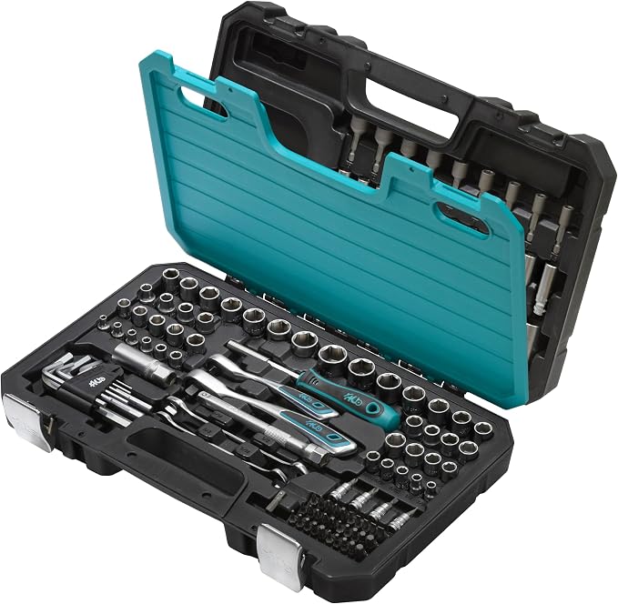 HB 121-Piece Mechanic Tool Set AKX001-U | 120-Tooth Ratchet 3/8 & 1/4-Inch Drive SAE Metric Deep Sockets TORX Bits Wrenches Nut Driver Hex Key Chrome Vanadium Steel Portable Carry Case Made in Taiwan