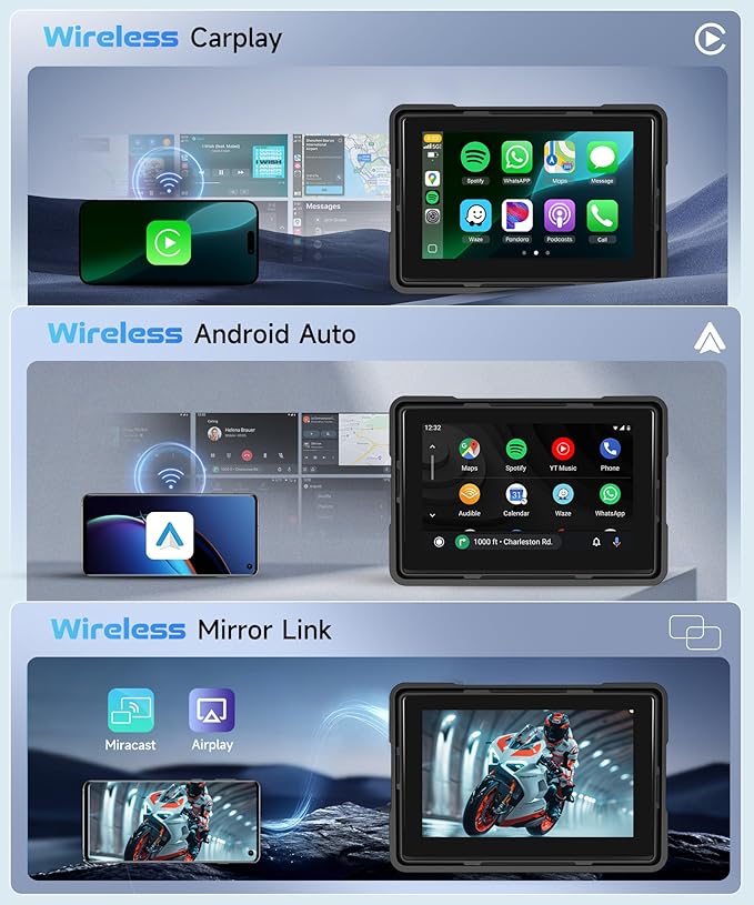 5 Inch Motorcycle Wireless CarPlay GPS Navigation System, Android Auto Portable CarPlay Screen for Motorcycle, Dual Bluetooth Car Play Moto, Si-ri, Goo-gle Assistant, IP67 Waterproof Moto Screen