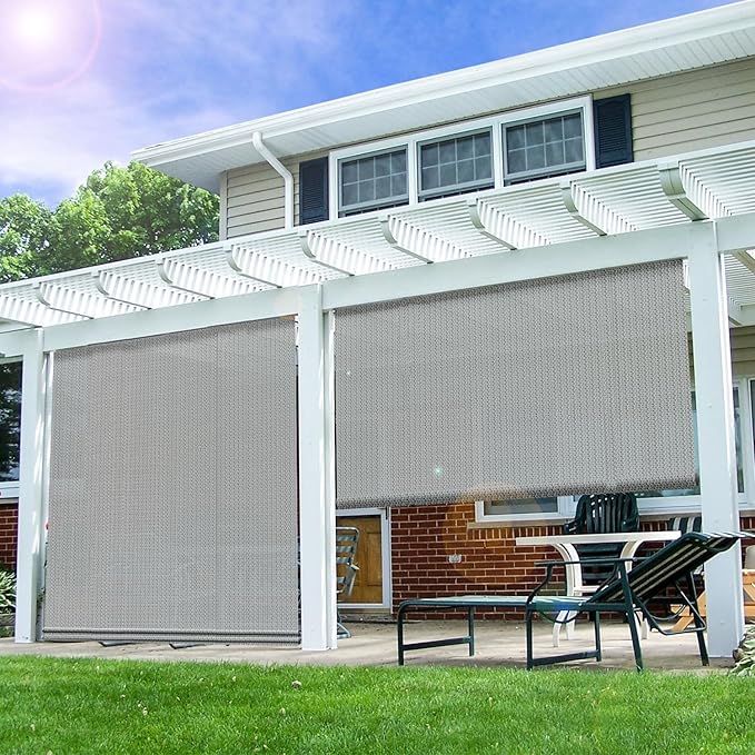 E&K Sunrise 5'W x 6'H Roll Up Shade Outdoor Roller Shade Blind Sun Shade UV Block for Patio Porch Backyard Gazebo Pergola Deck, Grey