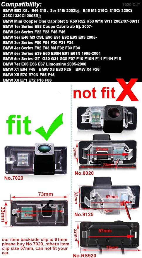 AHD IP68 1280Pixels 170° Rear View Reversing Camera Compatible with BMW E81 E87 F20 F21 /E63 E64/F12 F13/Z4 E85/E86/E89/Alfa Romeo/Fiat Croma/Grande Punto/Linea/Marea/Opel Astra/Corsa/Mini R55 R60 R61