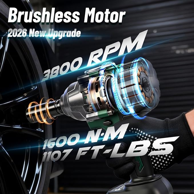 2026 Impact Wrench 1180ft-lbs(1600N.m), 1/2" Impact Gun with 2x4.0Ah Battery, 21V Cordless Impact Driver High Torque with 5 Sockets, Pistola Llave De Impacto Brushless for Truck RV Home Car