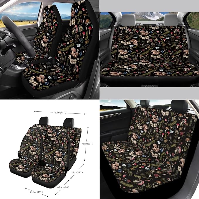 Cottagecore Mushroom Snail Moth Fern 15Pcs Car Seat Cover Full Set Car Steering Wheel Cover Seat Belt Cover Trash Bin Air Vent Storage Box Front Rear View Mirror Car Cup Holder Keychain
