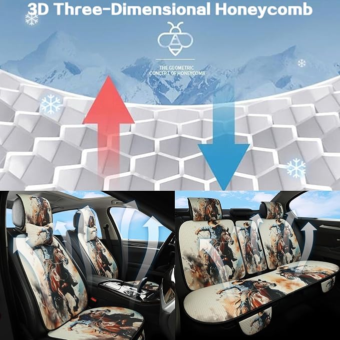 Luxury Boho Car Seat Covers Set,5-Seat Full Set with Headrest,Cowhide cowboy Ranch Western Vintage Bohemian Pattern Honeycomb Knit Fabric,Breathable&All-Season Universal Automotive Seat Protectors