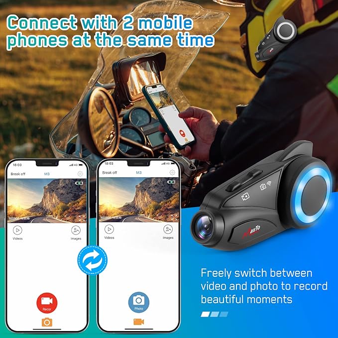 MAXTO Motorcycle Bluetooth Headset with Camera 1080P HD, M3 Upgraded 360°Adjustable Clip, 6 Riders 3280Ft Motorcycle Communication Systems Group Intercoms, WiFi Transit/FM funtion, IP65 (M3+Remote)