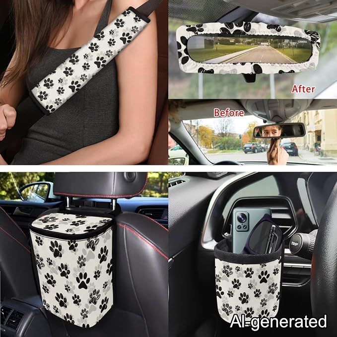Dreaweet Dog Paw Car Seat Covers Full Set for Women Dog Lover Cute Car Accessories Seat Covers Front and Back Steering Wheel Cover Seat Belt Pads Coasters Trash Bag Vent Storage Pouch Keychain,15 Pcs