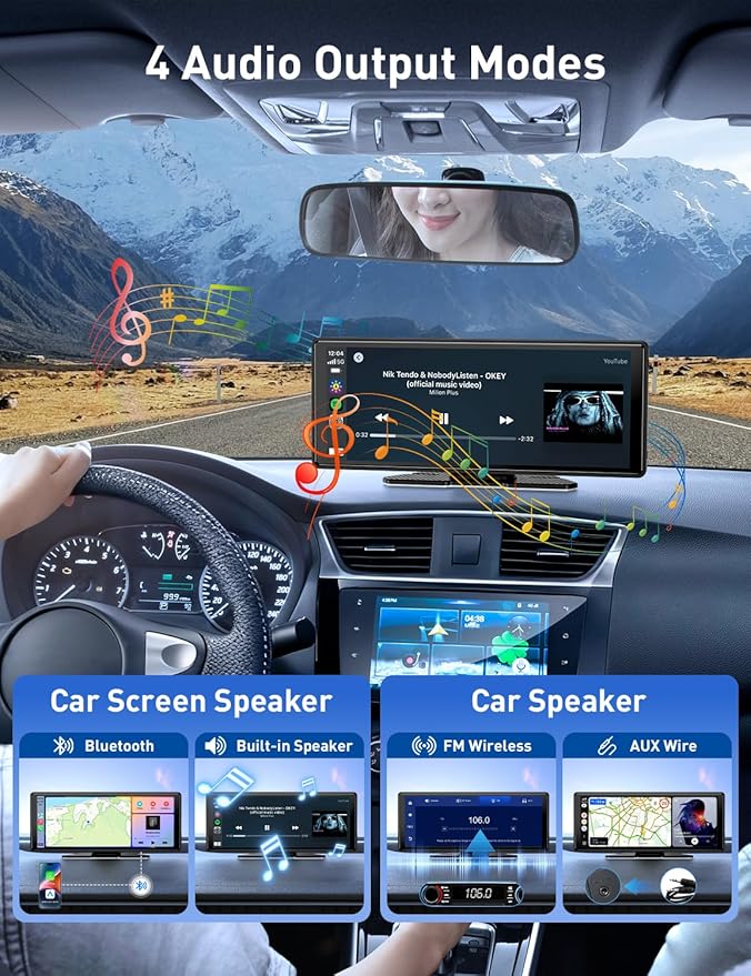 Wireless Apple Carplay Screen for Car, 10.26" HD Touchscreen Portable Android Auto Car Stereo with Bluetooth Car Radio Receiver Support GPS Navigation, Voice Control, Mirror Link, FM/AUX