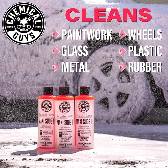 Chemical Guys CWS_101_64M Car Wash Starter Bundle - Maxi-Suds II Foaming Car Wash Soap, 64 oz (Half Gallon), Cherry Scent + Green Chenille Wash Mitt (2 Items) Works on Cars, Trucks, SUVs, RVs & More