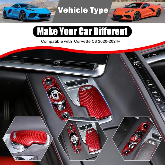 Set of 2 Genuine Carbon Fiber Gear Shift Panel Cover Trim for Corvette C8 2020-2025 Gear Shift Knob Head Protection&Console Gear Shift Button Panel P D Auto M Button Frame Accessories (Red)